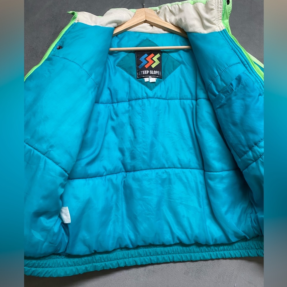 Vintage Steep Slopes Puffer Jacket Blue White Yellow 80s Snow - Womens Medium - Picture 15 of 16